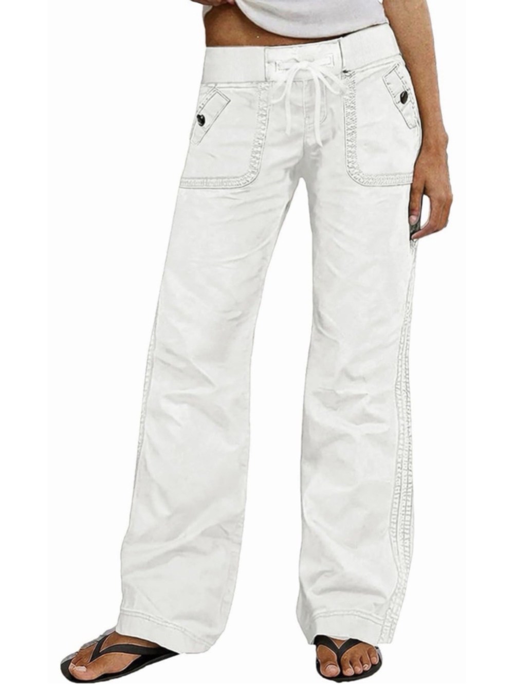 Flamingals Straight Leg Pants Drawstring Waist Mid Rise Casual Solid Seam S - Picture 1 of 6